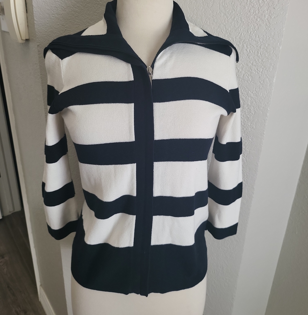 Chaps Navy & White Striped Zip-Front Sweater Jacket Sz S
